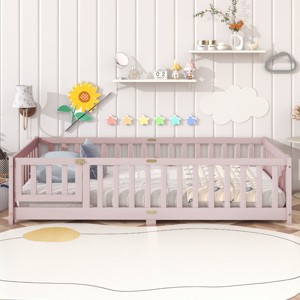 Twin Floor Bed with Fence and Door, Wood Montessori Toddler Bed for Kids, Low Platform Safety Guardrails for Transition-Baofuwish - 1 of 4