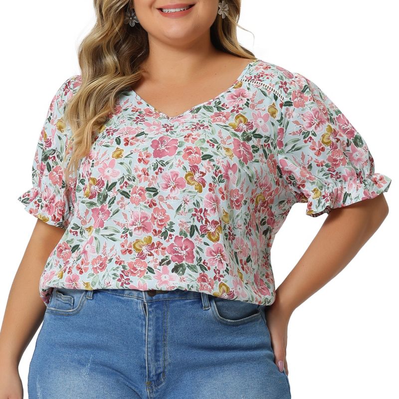 Agnes Orinda Women's Plus Size V Neck Ruffle Sleeve Floral Summer Casual Blouses, 1 of 6
