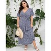 Plus Size Women's Flowy Tiered Maxi Dress - V-Neck, Short Sleeve & Waist Tie with Floral Print - 2 of 4