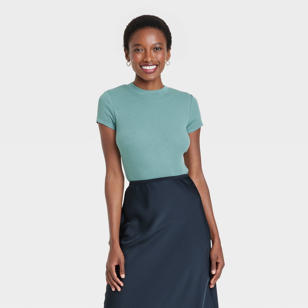 Women's Slim Fit Short Sleeve Ribbed T-Shirt - A New Day™ Turquoise XS