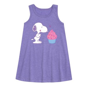 Girls' - Peanuts - Snoopy Heart Cupcake Graphic Sleeveless Aline Dress - 1 of 4