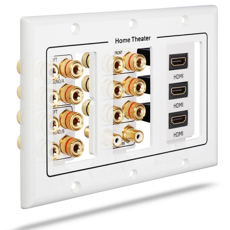 Fosmon 3-Gang 7.2 Surround Sound Distribution Wall Plate w/Gold-Plated 7-Pair Copper Binding Posts, 2 RCA Jack, 3 High Speed HDMI 2.0 Ports, 2 of 5