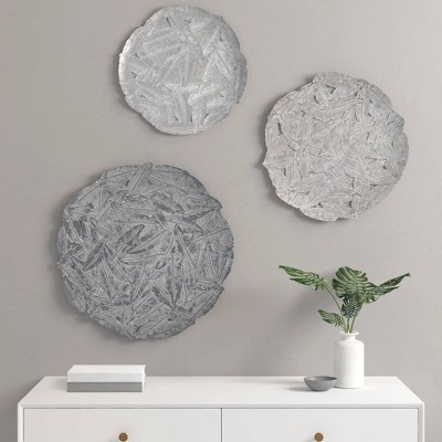 3pc Round Jax Feather Painted Iron Wall Decor Panel Set Gray - Madison Park: Modern Metal Art, Botanical Theme