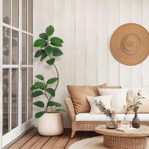 5/6/7FT Artificial Plants Rubber Tree with Black/Off White Resin Planter Pot & White/Brown Stone - 1 of 4