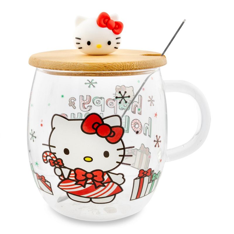 Silver Buffalo Sanrio Hello Kitty Holiday 17-Ounce Glass Coffee Mug With Lid and Spoon, 1 of 10