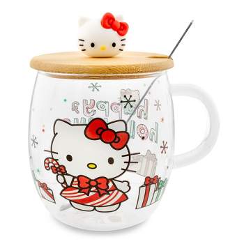 Silver Buffalo Sanrio Hello Kitty Holiday 17-Ounce Glass Coffee Mug With Lid and Spoon