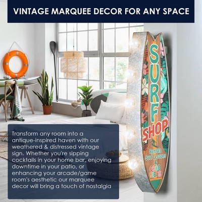 Vintage Metal LED Surf Shop Sign with Tropical Print