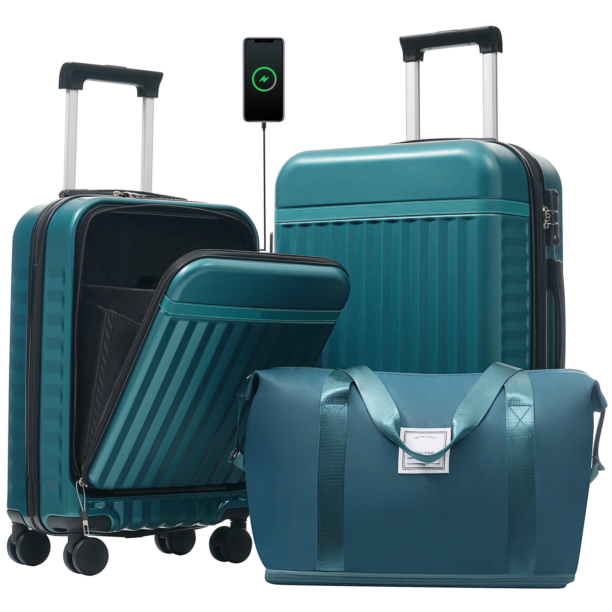 3-Piece Hardside Luggage Set, Front-Opening Carry-on Suitcase with USB Port, Expandable Luggage with Handle Bag & TSA Lock, Dark Green - ModernLuxe