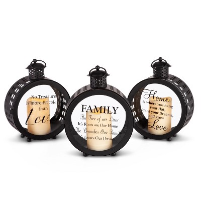 Everlasting Glow Set of Three 10.35-inch Galvanized Metal Lanterns with Printed Inspirational Messages and Built in LED Candle