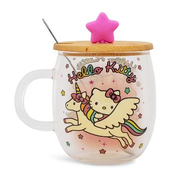 Silver Buffalo Sanrio Hello Kitty Glass Mug With Star-Topper Lid and Spoon | Holds 17 Ounces