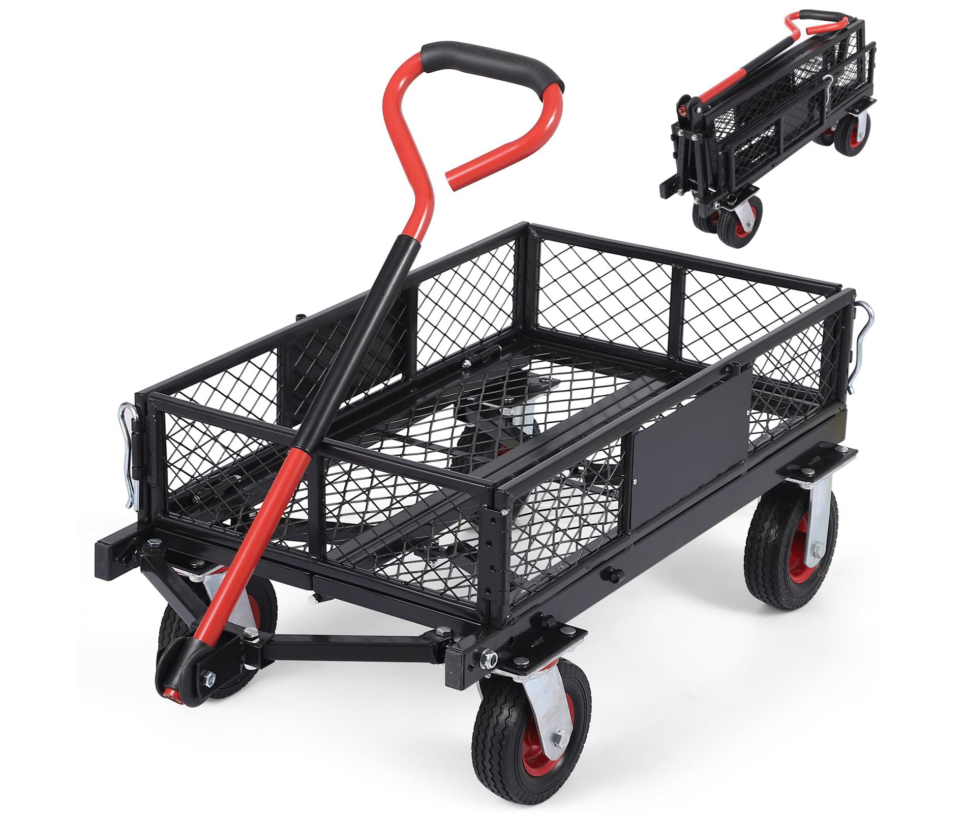 1400 lbs heavy duty steel cart, garden dump cart with 16" pneumatic tires, 180° swivel handles and removable sides for kitchen, patio
