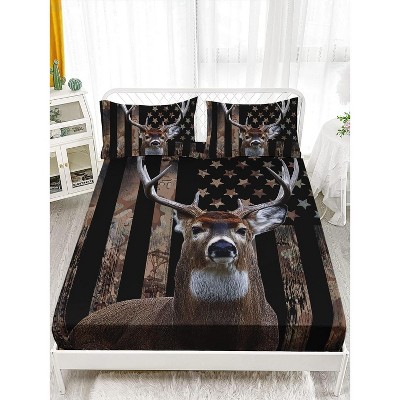 Acoinel 3 Pcs Deer and American Flag Lightwight Ultra Soft Comforter Set with 2 Pillowcases, Brown