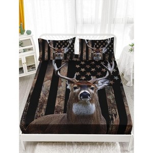 Acoinel 3 Pcs Deer and American Flag Lightwight Ultra Soft Comforter Set with 2 Pillowcases, Brown - 1 of 4