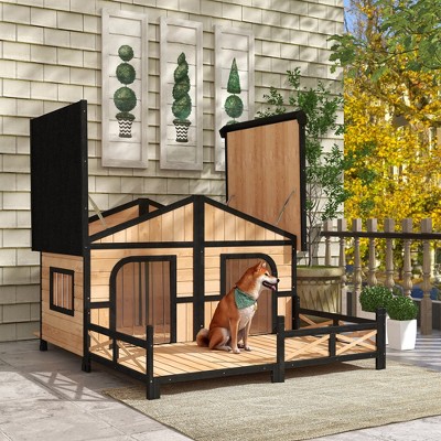 Large Natural Wood Cabin Style Dog House with Porch