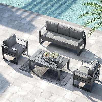 LayinSun 4 Pieces Aluminum Outdoor Patio Furniture Set, Metal Modern Conversation Sofa Set with Coffee Table and Washable Thick Cushions