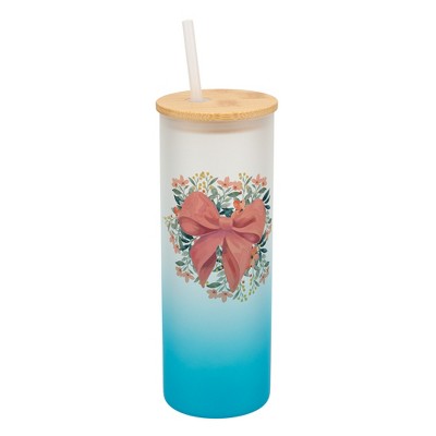 Elanze Designs 25 Ounce Frosted Glass Gradient Travel Tumbler With Straw and Wooden Lid, Pink Bow Floral Sky Blue