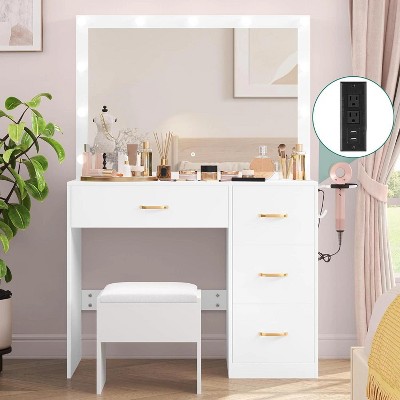 35in Vanity Desk 4 Drawers Storage Makeup Table Mirror LED Lights with Stool White
