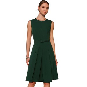 INSPIRE CHIC Women's Round Neck Sleeveless Zip Front Belted Fit Flare Work Dresses - 1 of 4