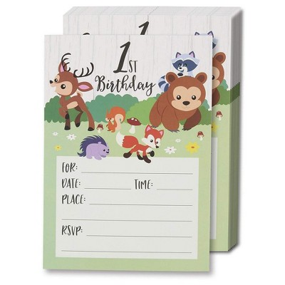 Woodland Invitation Cards - 24 Fill-in Invites with Envelopes for Baby's First Birthday Party, 5 x 7 Inches, Postcard Style