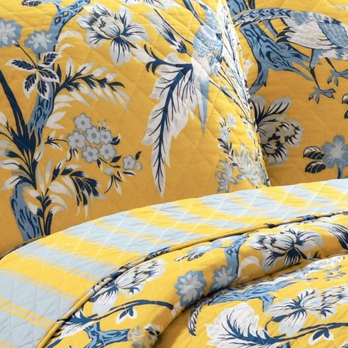 blue and yellow striped comforter