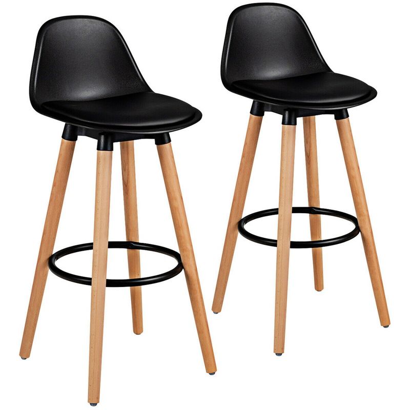 Costway Set of 2 Mid Century Barstool 28.5" Dining Pub Chair w/Leather Padded Seat Black, 1 of 13