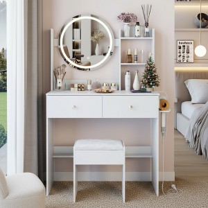 FONTOI 31.5"W Makeup Vanity Table with 17" Round Mirror Cushioned Stool and High Capacity Storage for Bedroom Dressing Room, Black/White - 1 of 4