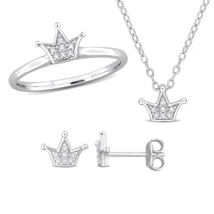 EVERLY JEWELRY | 1/3ct TGW White Sapphire 3-pc Set of Crown Ring Earrings & Pendant with Chain in Sterling Silver - 1 of 4