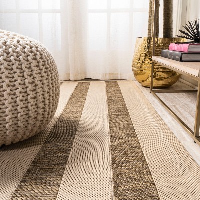 Reversible Beige and Brown Stripe Synthetic Area Rug