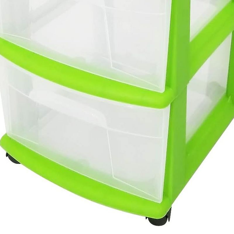 Homz Clear Plastic 3 Drawer Medium Home Organization Storage Container Tower with 3 Large Drawers and Removeable Caster Wheels, Lime Green Frame, 6 of 8