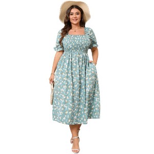 Womens Puff Sleeve Summer Floral Dress Plus Size Smocked Ruffle Square Neck Casual Dress Cute Midi Dress Teal Blue Flower 3XL - 1 of 4