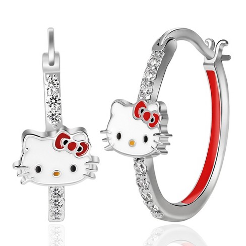 Hello Kitty Womens Cubic Zirconia And Enamel Hoop Earrings : Target