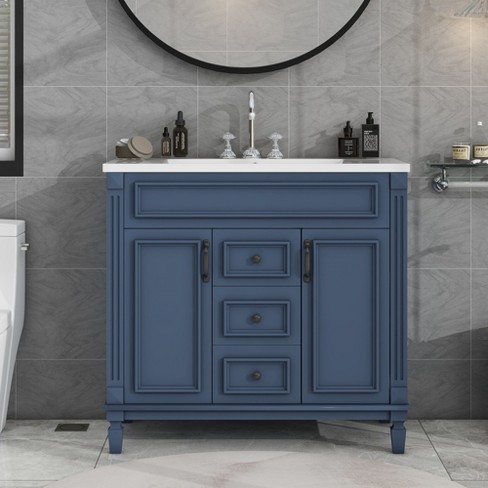 36 Contemporary Bathroom Vanity with Top Sink, 2 Soft Close Doors, and 6  Drawers, Gray - ModernLuxe