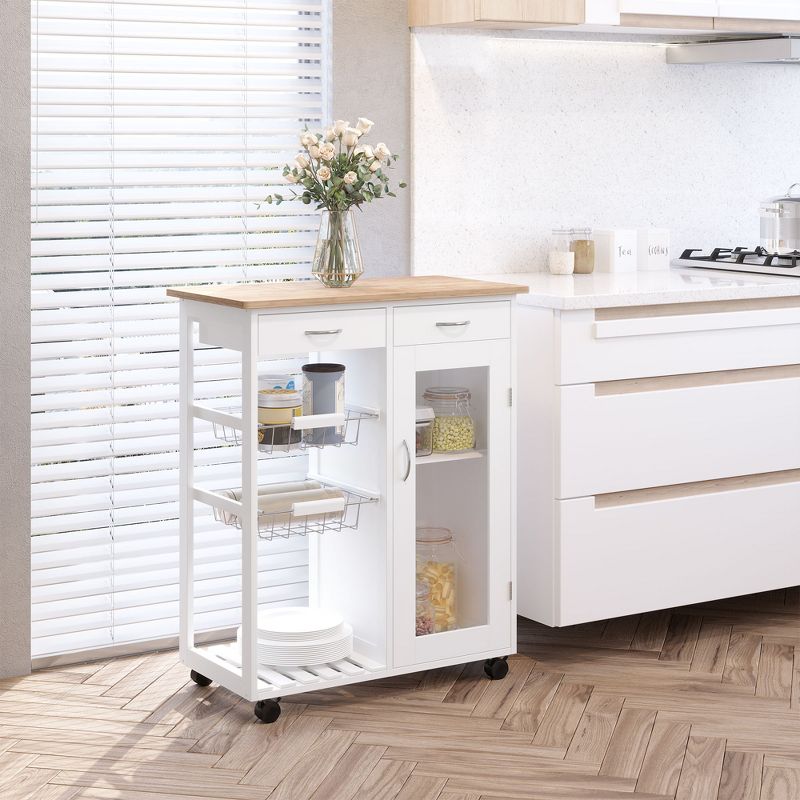HOMCOM 28" Rolling Kitchen Trolley Serving Cart Storage Cabinet Bamboo Top with Wire Basket & Door Cabinet & Drawers, White, 2 of 9