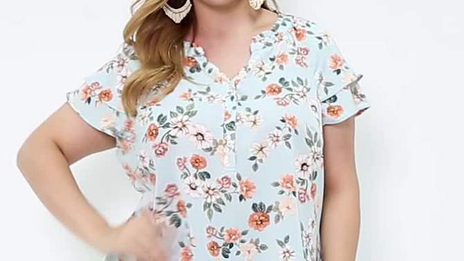 Agnes Orinda Women's Plus Size Floral Ruffle Trim V Neck Button Layered Sleeve Blouses, 2 of 7, play video