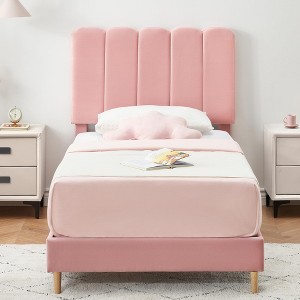 Twin Bed Frame, Velvet Upholstered Platform Bed with Wave Headboard for Girls/Kids, Easy Assembly, Wooden Slats Support, No Box Spring Needed, Pink - 1 of 4