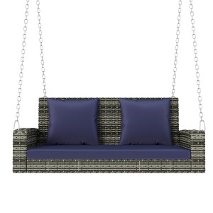 2-Person Wicker Hanging Porch Swing with Chains, Cushion, Pillow, Rattan Swing Bench for Garden, Backyard, Pond. - 1 of 4