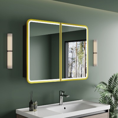 HBEZON Medicine Cabinet with Mirrors and Lights, Recess/Wall Mount Bathroom Cabinet, 3 Mode LED Lights, Anti-Fog, Dimmable, Memory Function