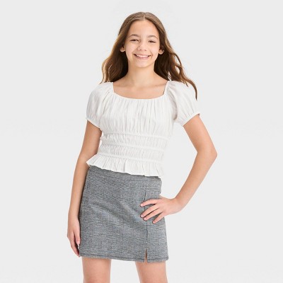 Girls' Short Sleeve Ruched Cropped Peplum Top - Art Class™ White