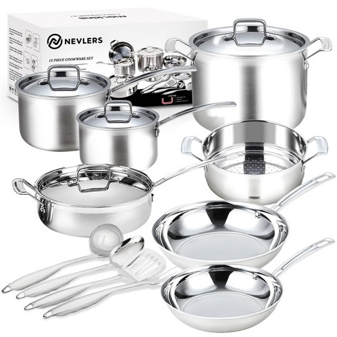 Nevlers 15pc Stainless Steel Cookware Set | Dishwasher Safe Pots & Pans