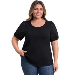 GRACE & GRANDEUR Women's Plus Size Embroidered Panel Hollow Puff Short Sleeve Round Neck Casual Blouses - 1 of 4