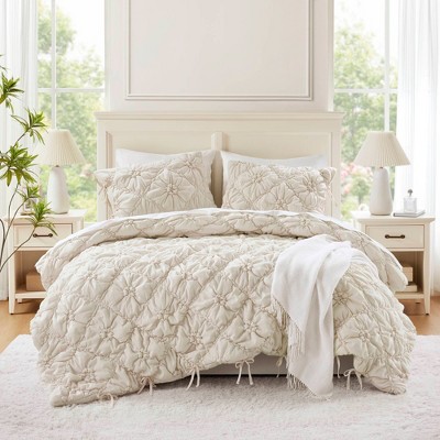 Kumasinova 2/3 PCS Twin Textured Floral Comforter Set with Bow Tie Accents,Soft Brushed Microfiber Bedding Set with Comforter & Sham,Machine Washable