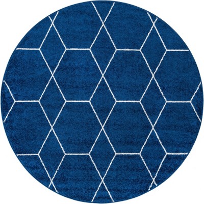 Navy Blue 7' Round Trellis Frieze Synthetic Area Rug