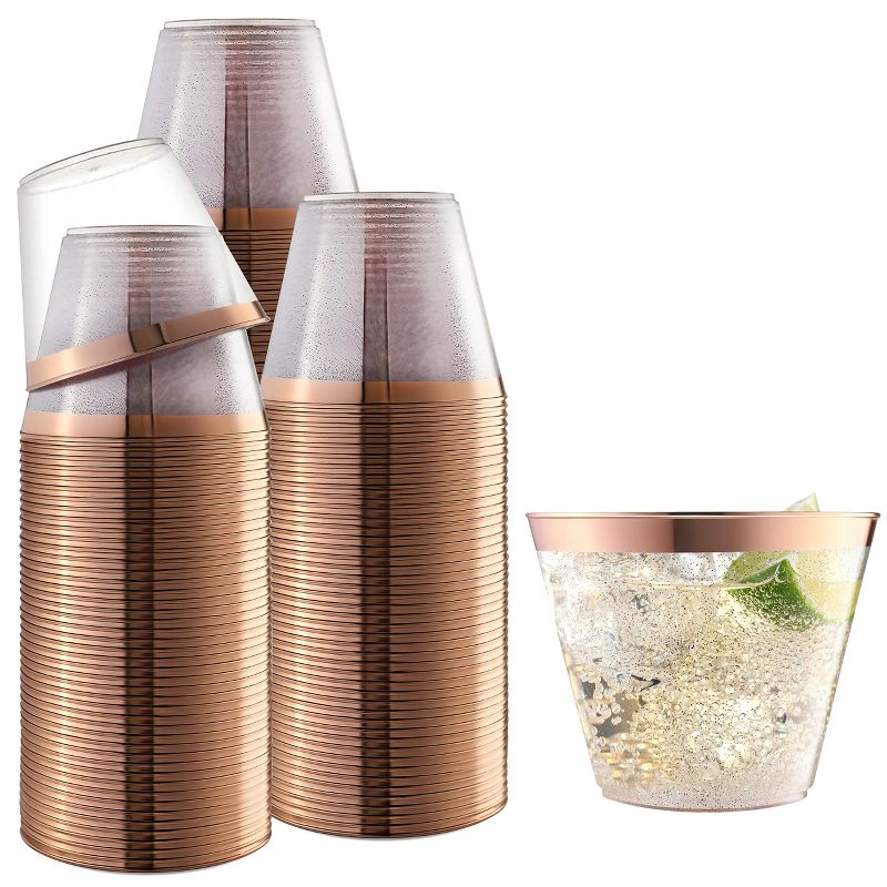 Chateau Glasses 100 Rose Gold Cups 9Oz - Rose Gold Glitter With A Rose Gold Rim - Premium Disposable Party Cups, 1 of 7
