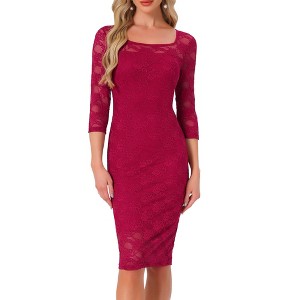 Allegra K Women's Lace 3/4 Sleeve Square Neck Knee Length Sheath Dress - 1 of 4