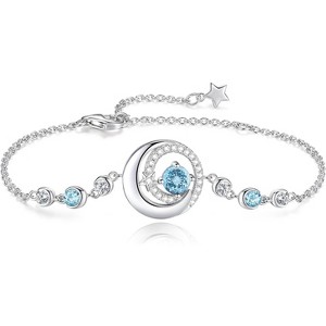 Moon & Star Birthstone Bangle, Sterling Silver Adjustable Charm Bracelet, Birthday Anniversary Christmas Gift for Women - 1 of 4