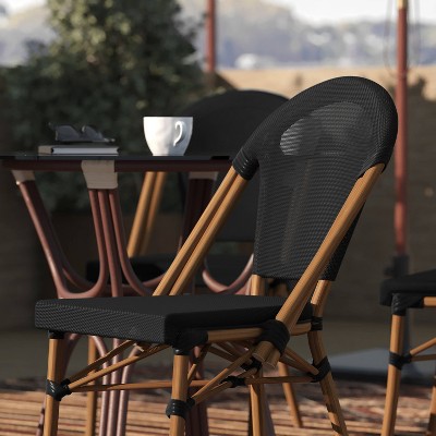 Black and Natural Armless Stacking Bistro Chairs with Metal Frame, Set of 2