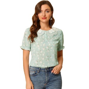 Allegra K Women's Peter Pan Collar Ruffled Bubble Short Sleeve Floral Blouses - 1 of 4