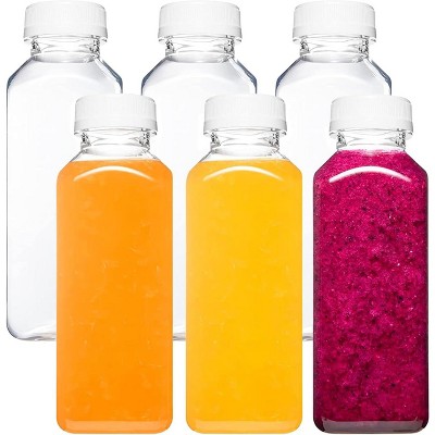 Plastic Juice Bottles with Caps, 6-Piece 12oz Reusable Drink Containers for Juicing
