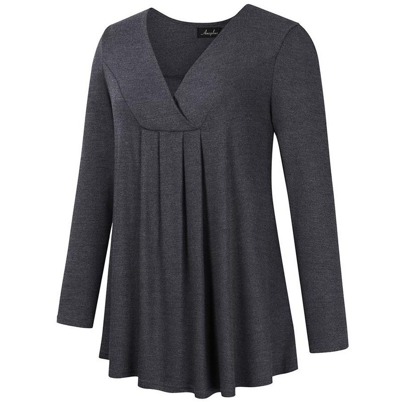 Women's Plus Size Long Sleeve V Neck Tunic Tops Pleated Tee Shirt Causal Loose Blouse, 2 of 7