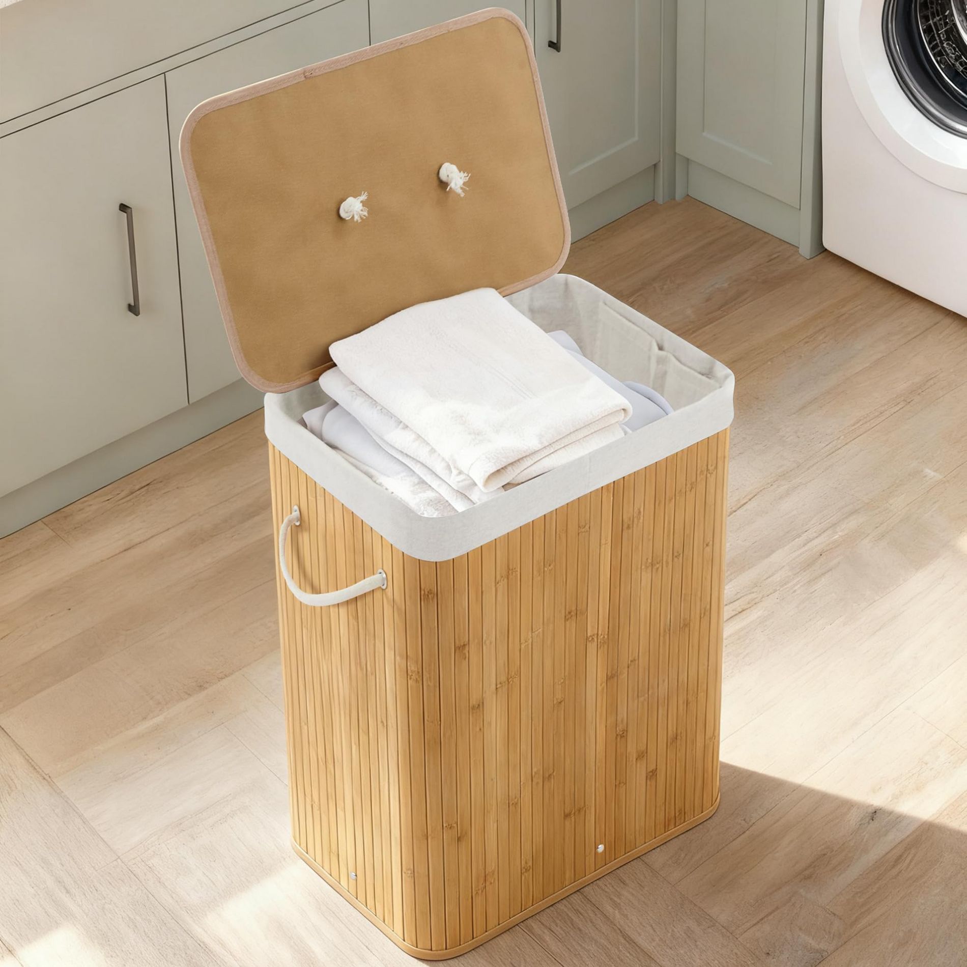 Bamboo Laundry Hamper Large 106L with Removable 4-Section Liner, Foldable Storage Basket with Lid and Handles for Bedroom, Laundry Room, Small Spaces